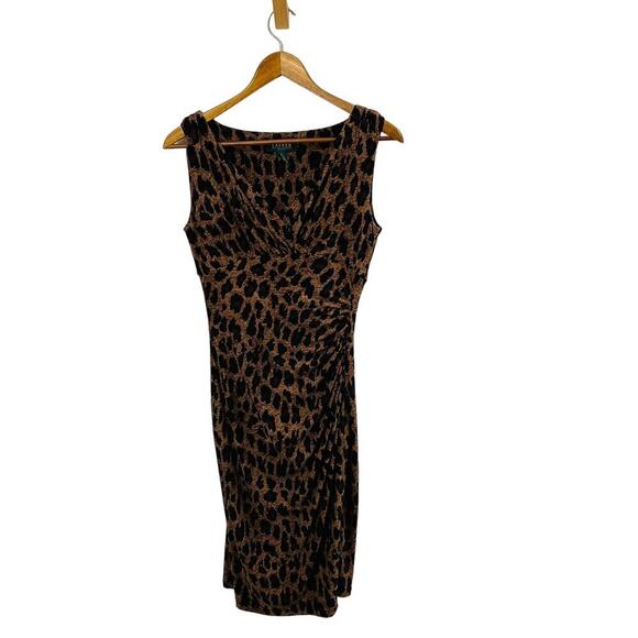 Lauren Ralph Lauren Animal Print Ruched V Neck Dress Brown Size 2 Cocktail Luxe - Picture 3 of 8